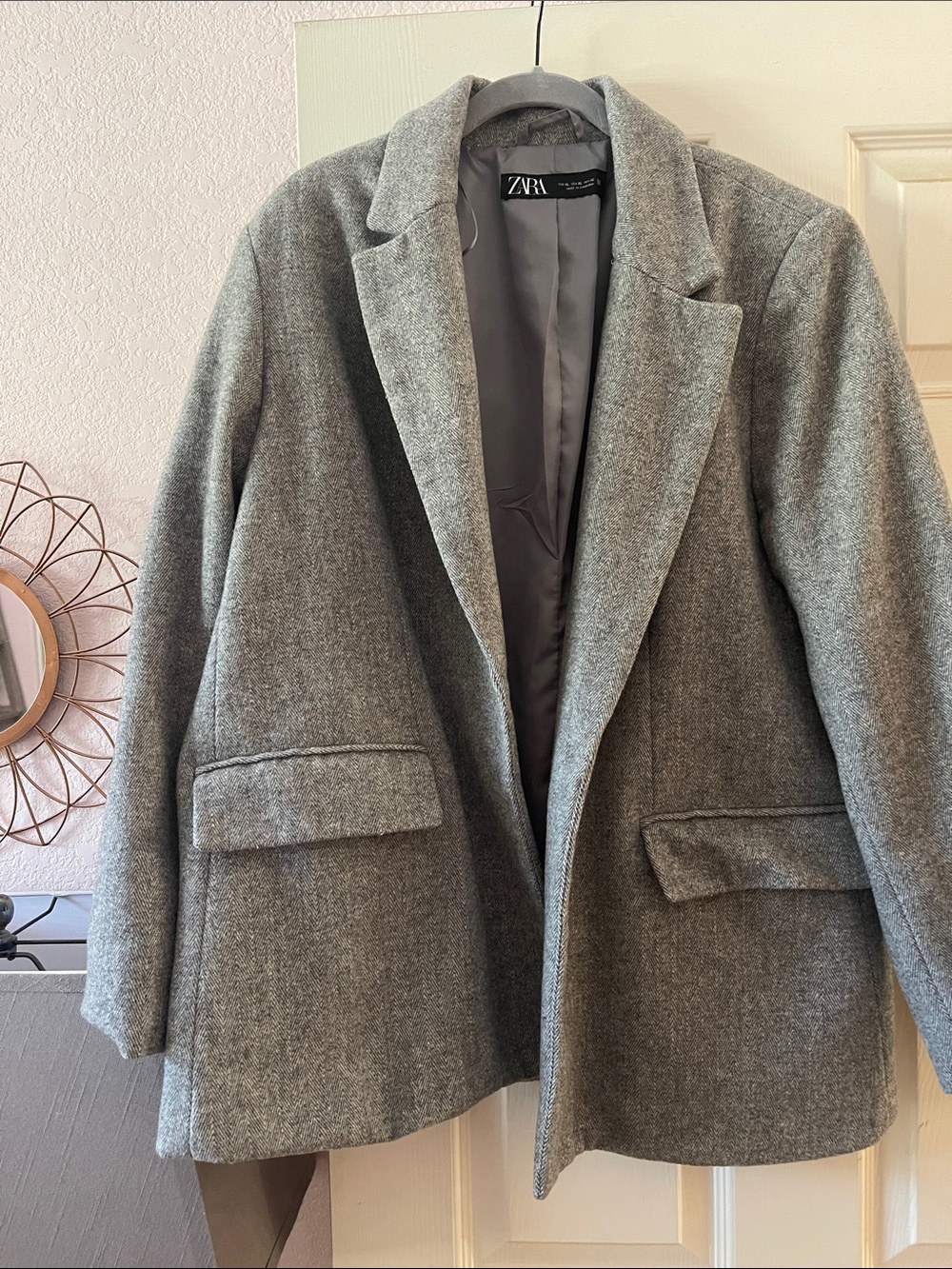 Zara Grey Notch-Lapel Wool-Blend Blazer